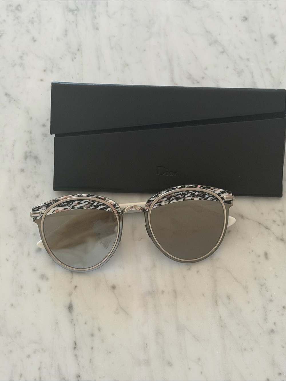 Dior Round Sunglasses with Tortoise-Pattern Brow and Gray Lenses